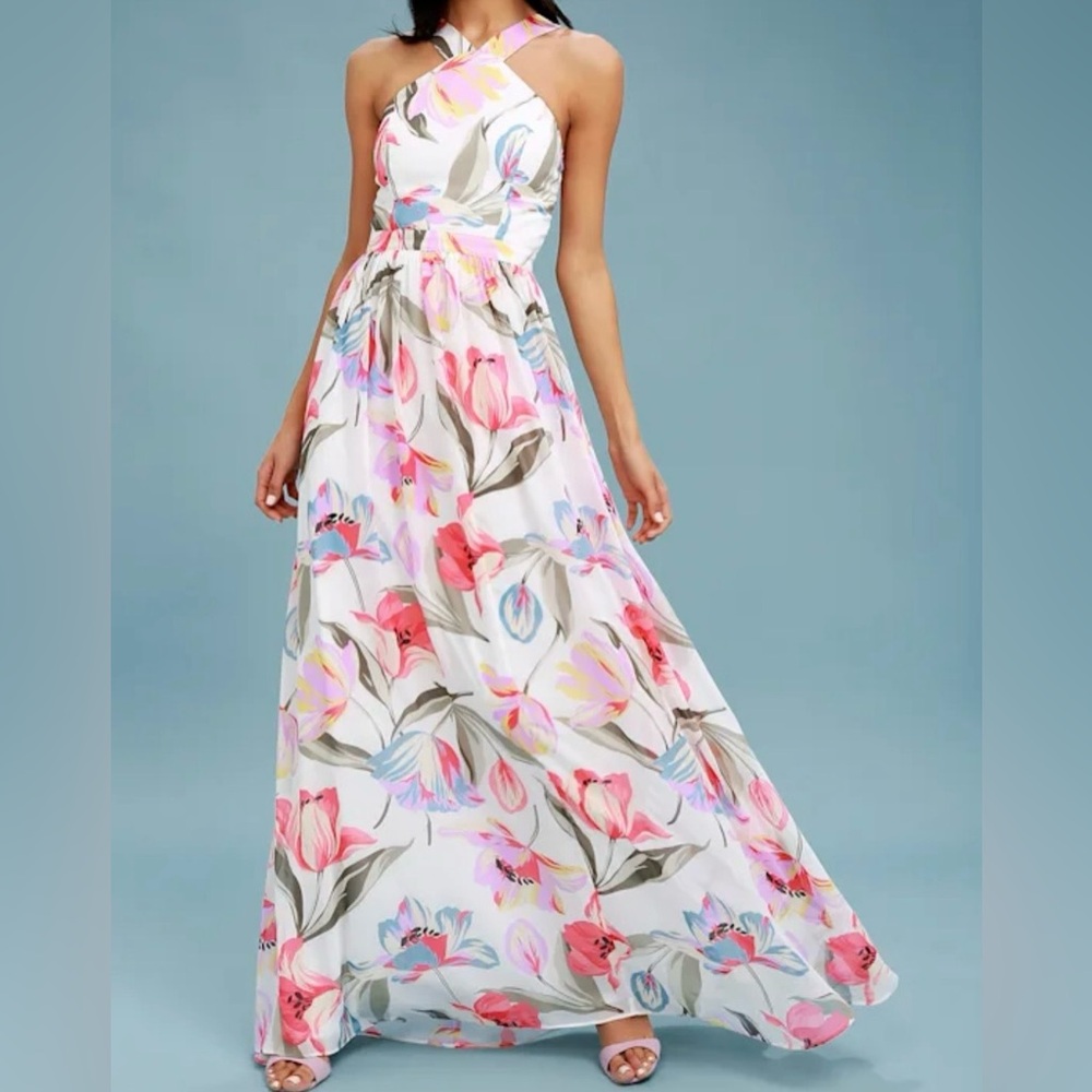 Lulus Lilja White Multi Floral Print Maxi Dress Spring Whimsical XS NWT